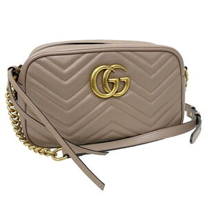 Gucci GG Marmont Quilted Shoulder Bag Chain Beige Leather